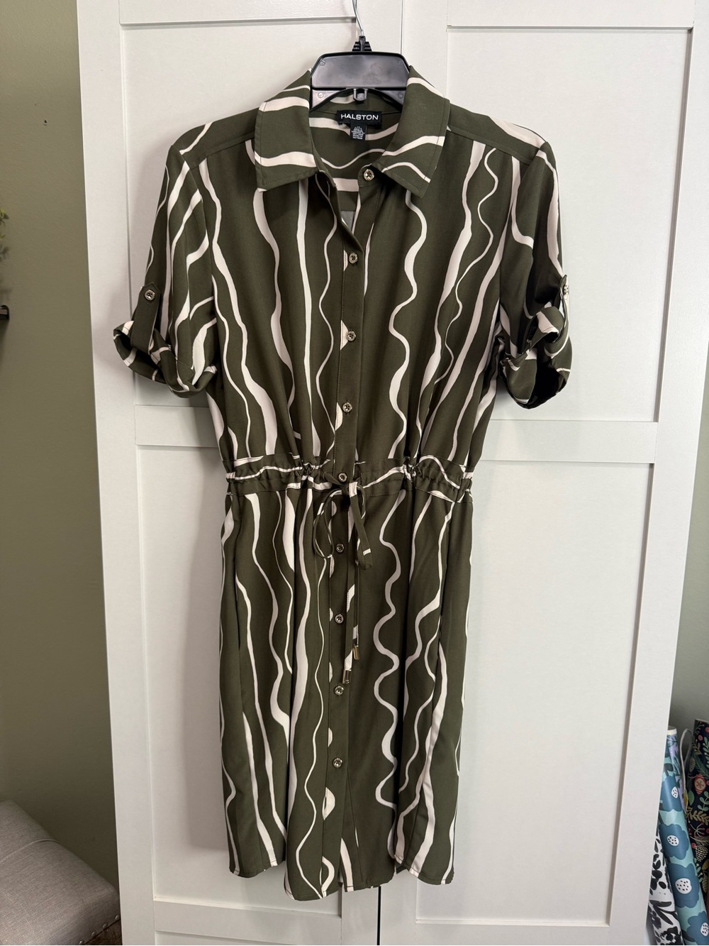 Halston Olive Green Shirt Dress with Wave Print